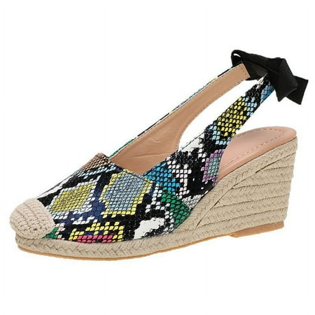 

XWQWJH Espadrille Wedge Sandals for Women Dressy Summer Fashion Closed Toe Serpentine Bow Tie Slingback High Heel Sandals Comfy Outdoor Ladies Shoes