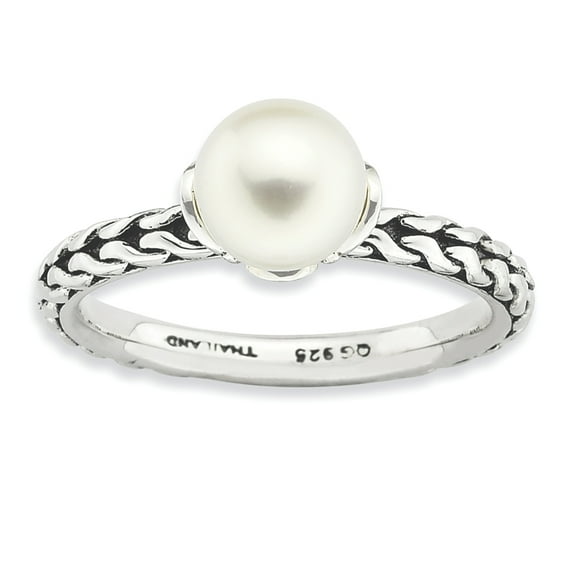 Sterling Silver Stack Exp. 7.0-7.5mm White FW Cultured Pearl Ring Size 9