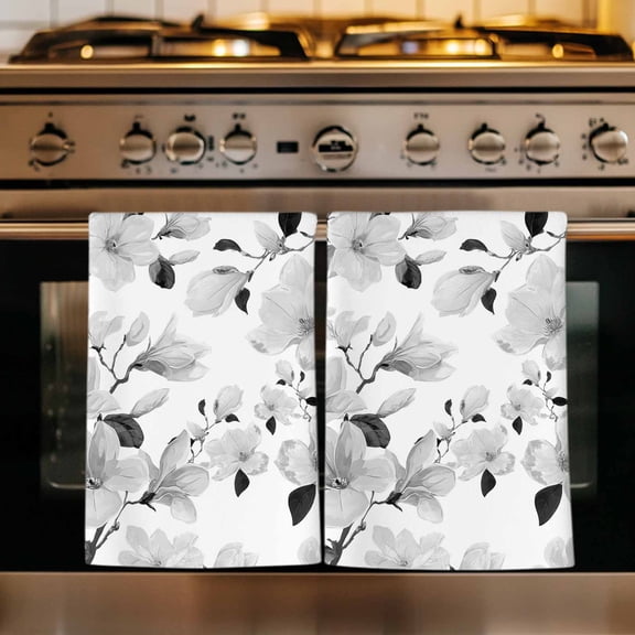 Grey Flowers Kitchen Towels Set of 3, Spring Watercolor Botanical Floral Leaf Plant Absorbent Dish Towels for Kitchen, Microfiber Hand Towel, Quick Drying Tea Towel for Cleaning Decorative Dishcloths