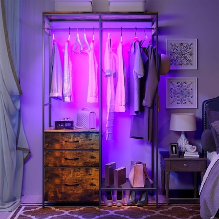Dresser with Hanging Rack, LED Lights, 3 Drawers 67-inch, Clothing Closet, Modern Style for Bedroom, Brown