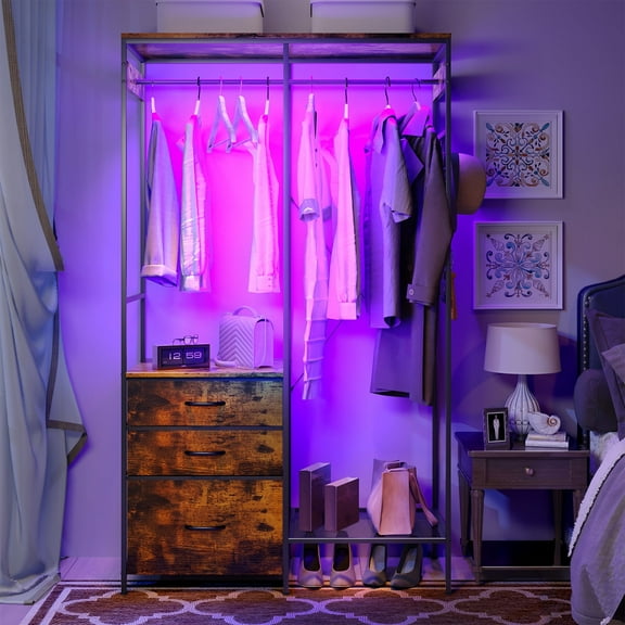 Dresser with Hanging Rack, LED Lights, 3 Drawers 67-inch, Clothing Closet, Modern Style for Bedroom, Brown