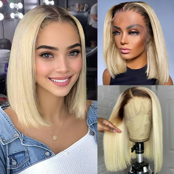 Mscathy Short Bob Ombre Honey Blonde Color Remy Human Hair 13x4 Lace Front Wig Easy To Wear 10 Inch Transparent Pixie Cut 5X5 Lace Closure Wigs