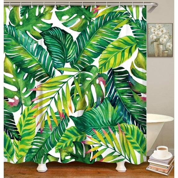 Flamingo Shower Curtain for Bathroom Palm Leaf Shower Curtain Tropical Shower Curtain Set with Hooks Tropical Bathroom Decor Pink Flamingo Gifts Green Leaf Shower Curtain, 72" W x 72" H