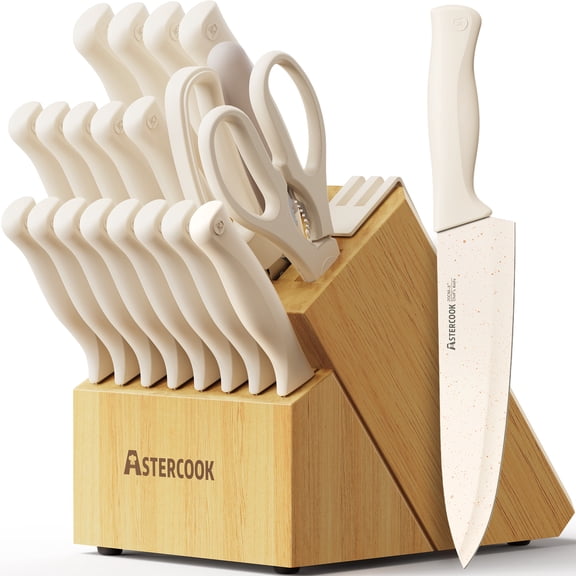Astercook 22-Piece Kitchen Knife Set with Sharpener Block, German Stainless Steel Knives with Anti-Rust Coating, Dishwasher Safe, Cream White