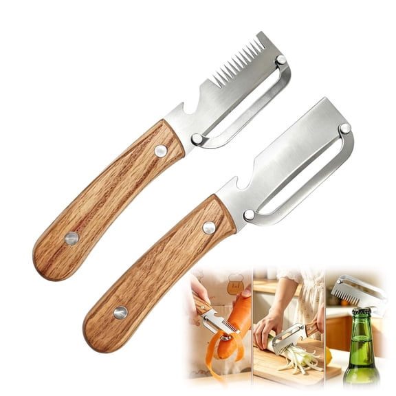 Multi-Functional Vegetable Peeler, Stainless Steel Blade with Wooden Handle, 3-in-1 Fruit Peeler with Bottle Opener & Grater, Kitchen Tool