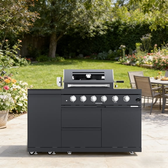 Daheat 46-Inch 4-Burner 72000 BTU Stainless Steel Gas Outdoor Kitchen Bar Barbecue Island Grill   Round Side Burner   Rotisserie kit   Granite Countertops