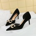 thumbnail image 5 of Zapatos de mujer para banquetes, tacón alto, ante, boca baja, puntiagudos, huecos en los laterales, hebilla de diamante con perlas y lazo, zapatos de salón individuales, 5 of 5
