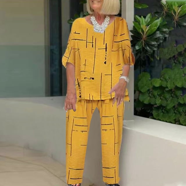Ensembles d'Été pour Femmes 2023 Ensemble Imprimé Rond Manches Mi-Longues Pull + Pantalon Ensemble Deux Pièces pour Femmes en Solde
