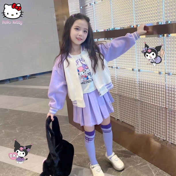 Sanrioed Girls 3 piezas Kuromi Anime moda abrigo camiseta de manga larga falda plisada Y2K estilo nuevo coreano ropa para niños de alta calidad