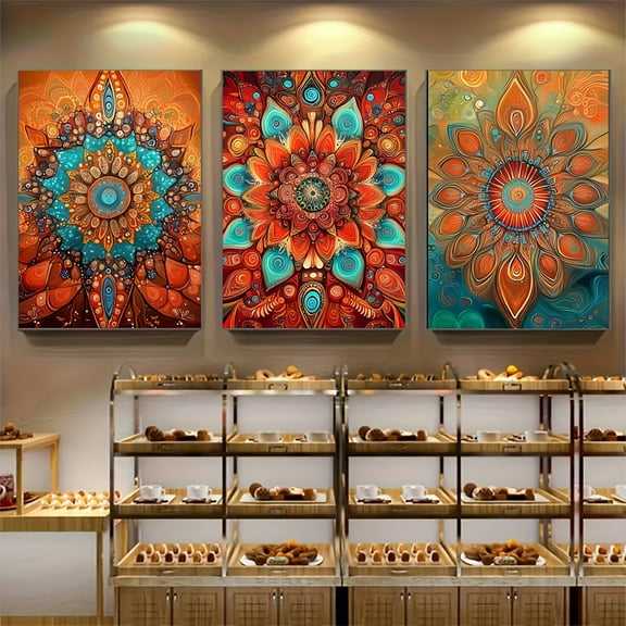 3pcs Bohemian Abstract Floral Canvas Art Set, Geometric Mandala Wall Decor, Unframed Spray-Painted Posters for Living Room, Bedroom, Home Office - Classic Retro Style, Vertical Orientation