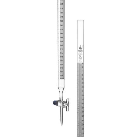 Lab Burette 100mL - Schellbach Design for Accurate Miniscus Reading - Class B - 0.2mL White Graduations - Glass Stopcock - Borosilicate Glass Buret - Eisco Labs