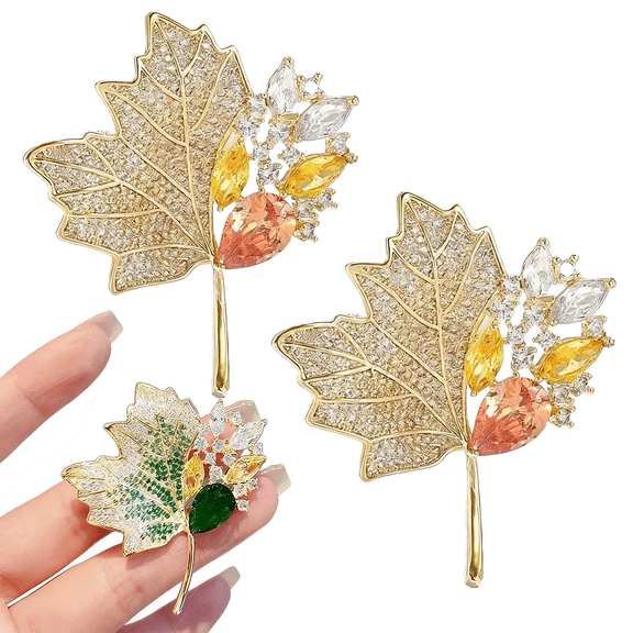 Luxury Hollow-Out Crystal Maple Leaf Brooch, 2Pcs, Sparkling Rhinestone Lapel Pin for Women, Elegant Fall/Winter Jewelry Accessory for Coat Dress Scarf