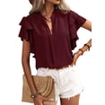 thumbnail image 1 of Daeful Ladies Blouse Double Layer Ruffles Short Sleeve Shirts Office V Neck Elegant Tops Claret XL, 1 of 2