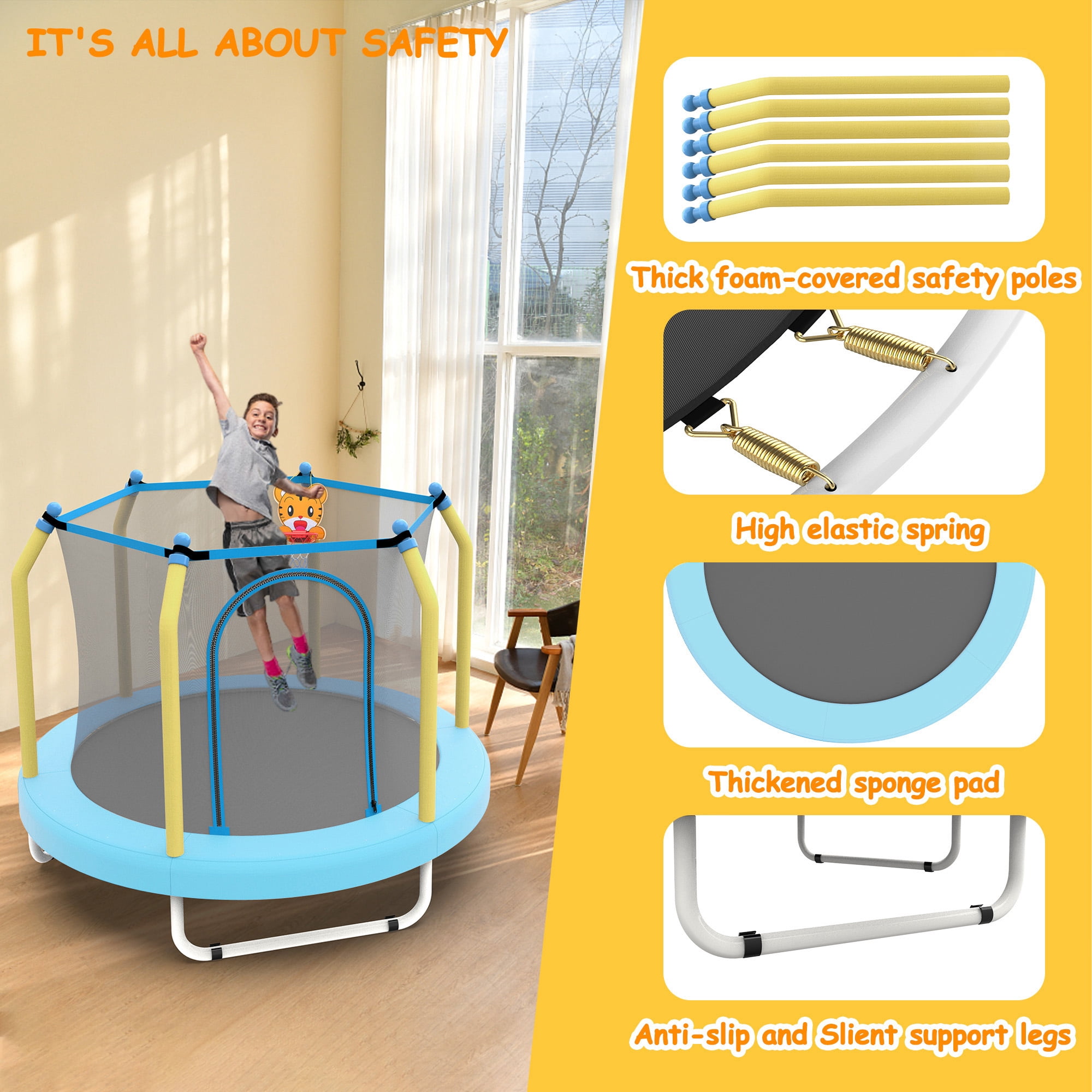 LIZEVINC 55 Inch Outdoor Toddler Trampoline with Enclosure Net, Mini Round Trampoline for Kids with Basketball, Small Trampoline Gifts for Boy and Girls,Blue Forest