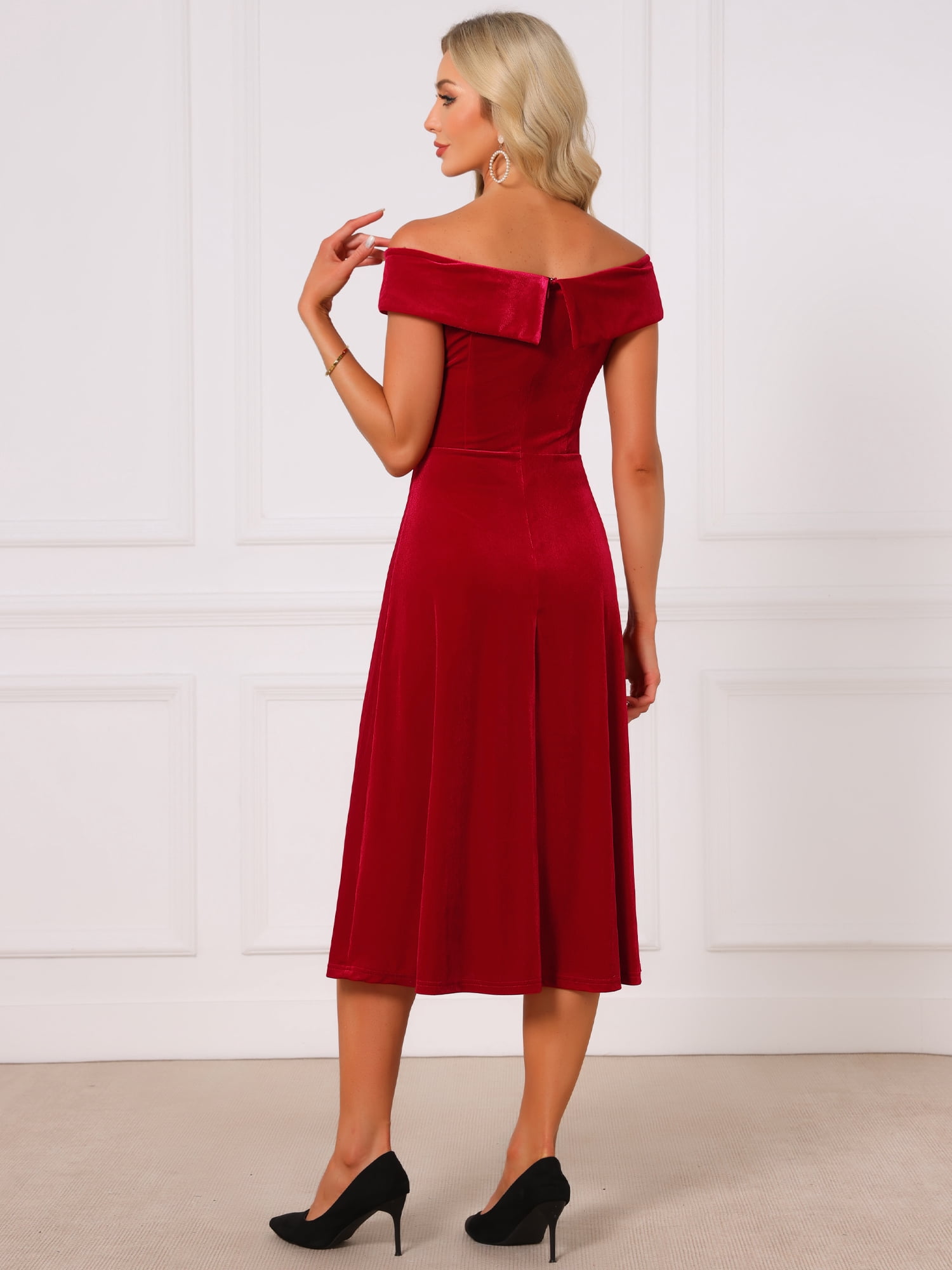 DARING DIVA Women's Velvet Off the Shoulder Cocktail A-Line Dress L Red