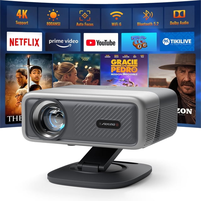 Proyector de vídeo inteligente AuKing 4K, 800 ANSI, enfoque automático, WiFi 6, Bluetooth