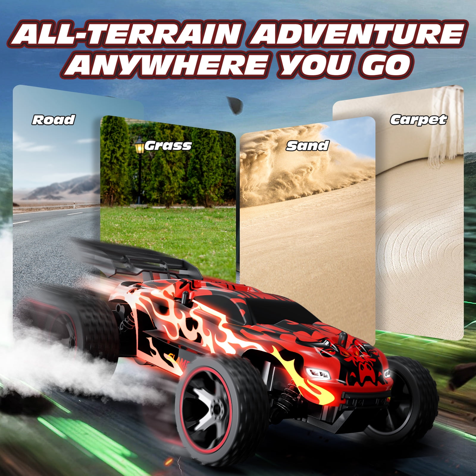 Tecnock RC Trucks for Kids, 1:18 Scale 2WD RC Cars with USB-C Easy Charging, 2.4GHz Remote Control Car with LED Lights & 50 Mins Playtime, Toys Gifts