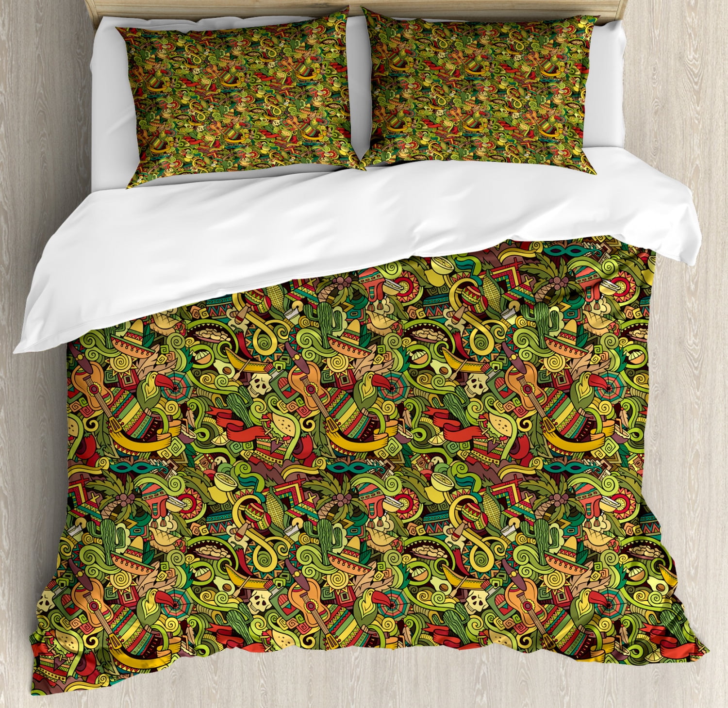 Mexican Duvet Cover Set Queen Size, Cartoon Hand Drawn Style Doodles