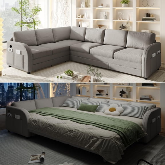 115.2'' Sleeper Sofa Bed King Size, Oversized Pull Out Couch, 6-Seater L-Shaped Sectional Couches, Teddy Convertible Left/Right Sofa, Side Pockets, USB for Living Room, Apartment, Light Grey