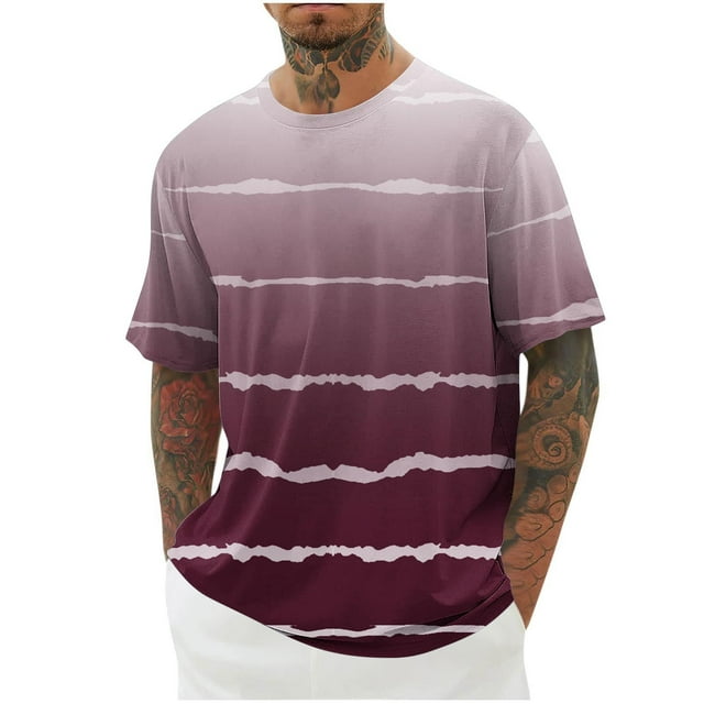 Camisetas de Manga Corta para Hombre, Blusa Casual de Cuello Redondo de Impresión de Gradiente, Camiseta Deportiva de Poliéster de Moda