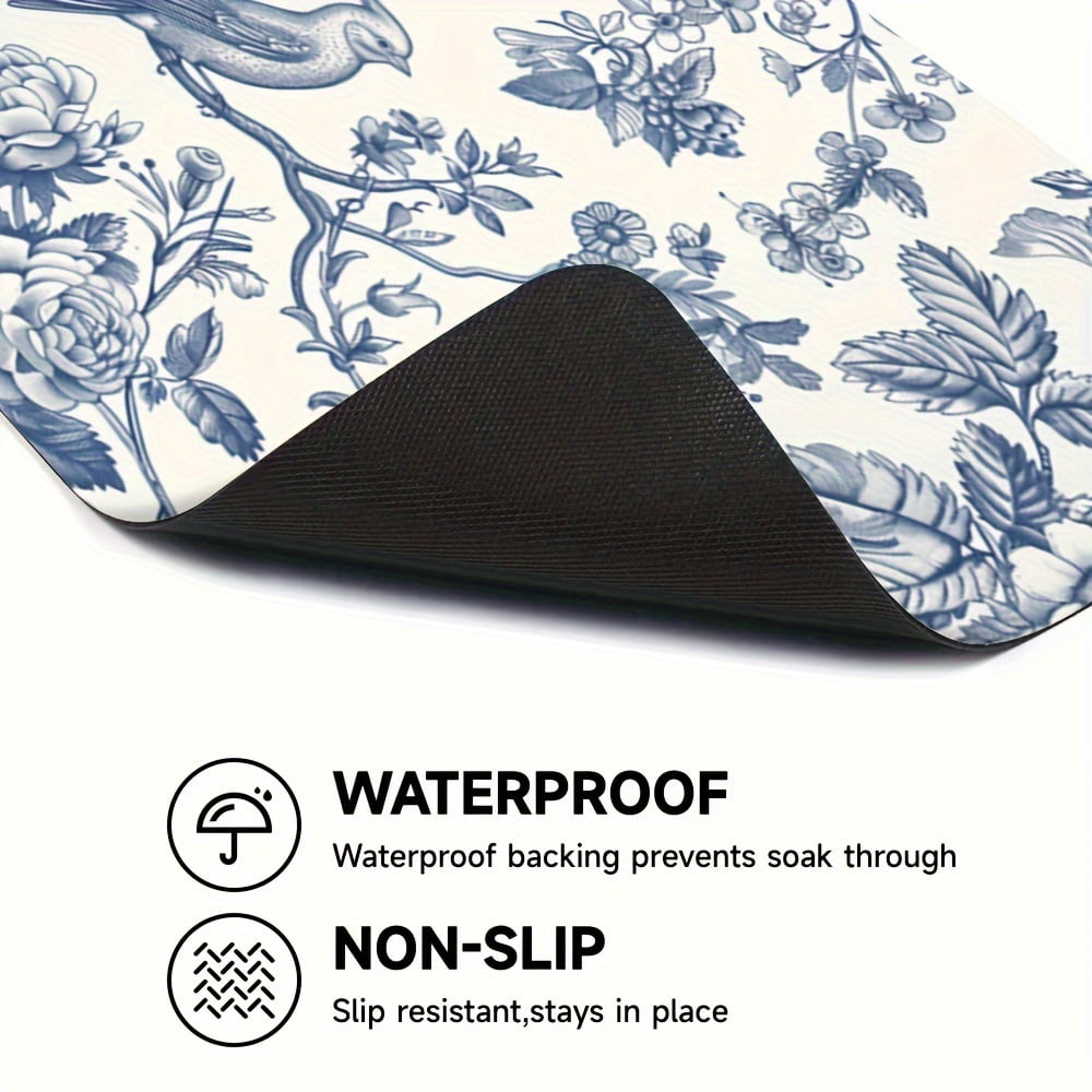 1pc, Dish Drying Pad, Blue Birds On Branches Pattern Washing Machine Cover Mat, Countertop Absorbent Pad, Washstand Drain Mat, Soft Faucet Absorbent Mat, Kitchen Accessories, Bathroom Accessories