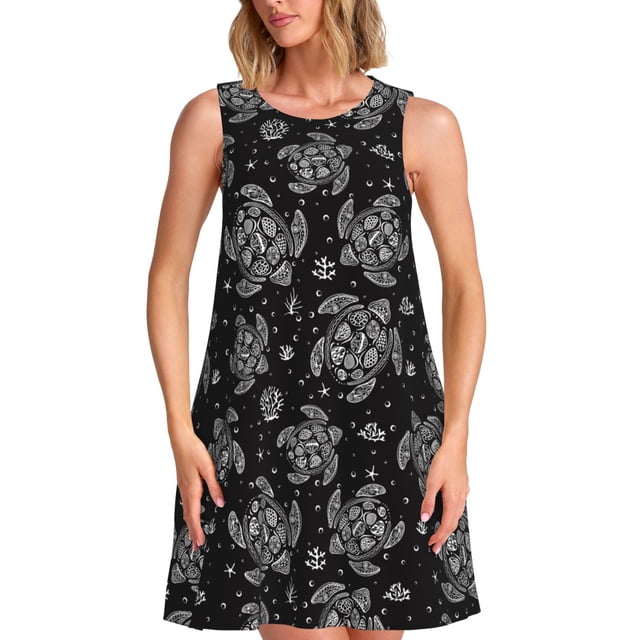 Vsdgher Robes d'Été Imprimé Tortue pour Femmes Robe de Plage Décontractée Col en U Sans Manches Robe d'Été Ample avec Poche