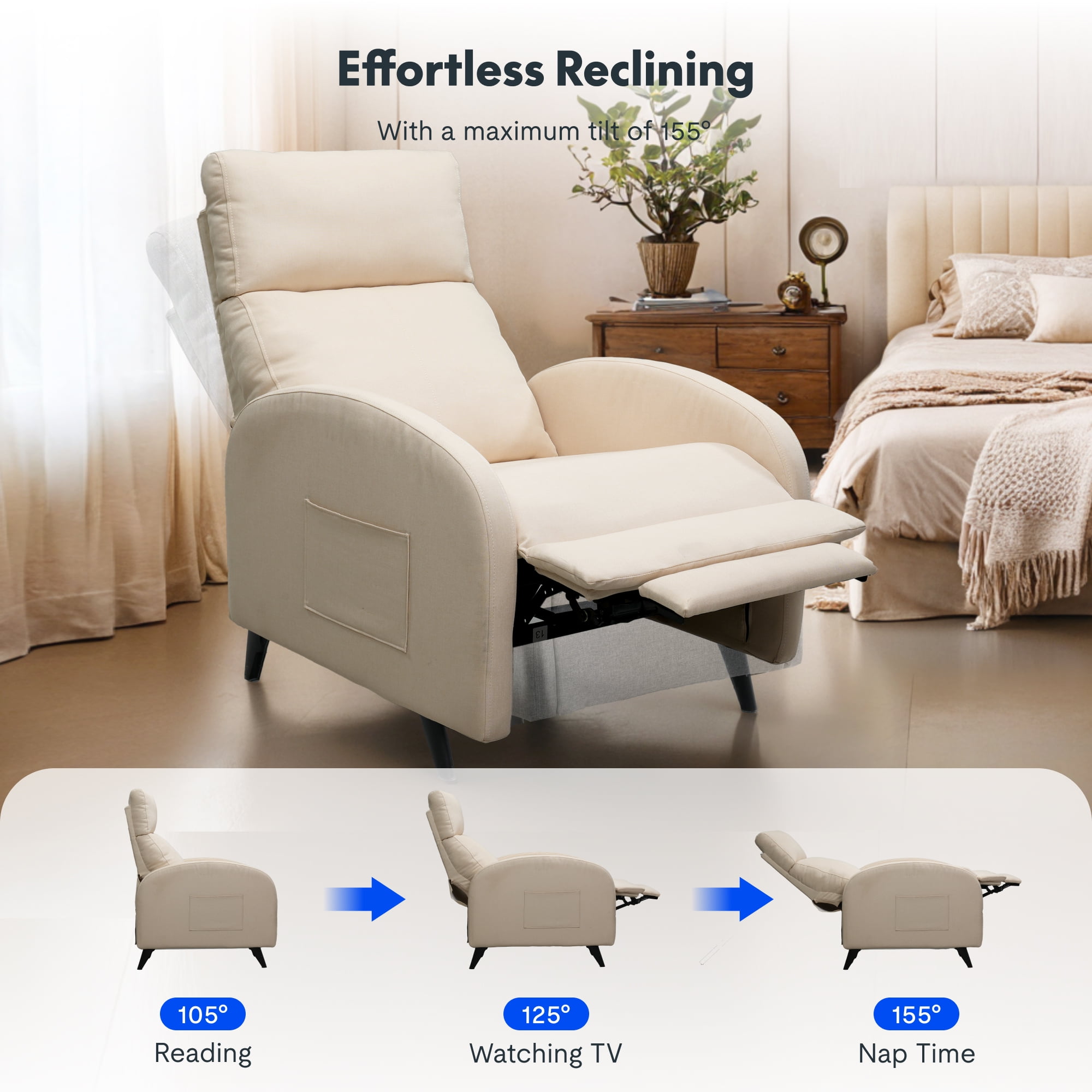 FitStand Pushback Recliner Chair Fabric Small Recliner Sofa Home Adjustable Reclining Chair Single Sofa with Padded Seat Backrest for Living Room
