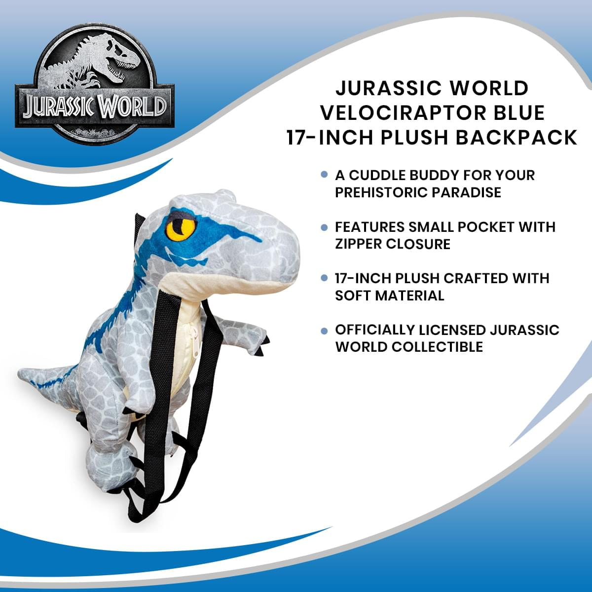 Jurassic World Velociraptor Blue 17-Inch Plush Backpack