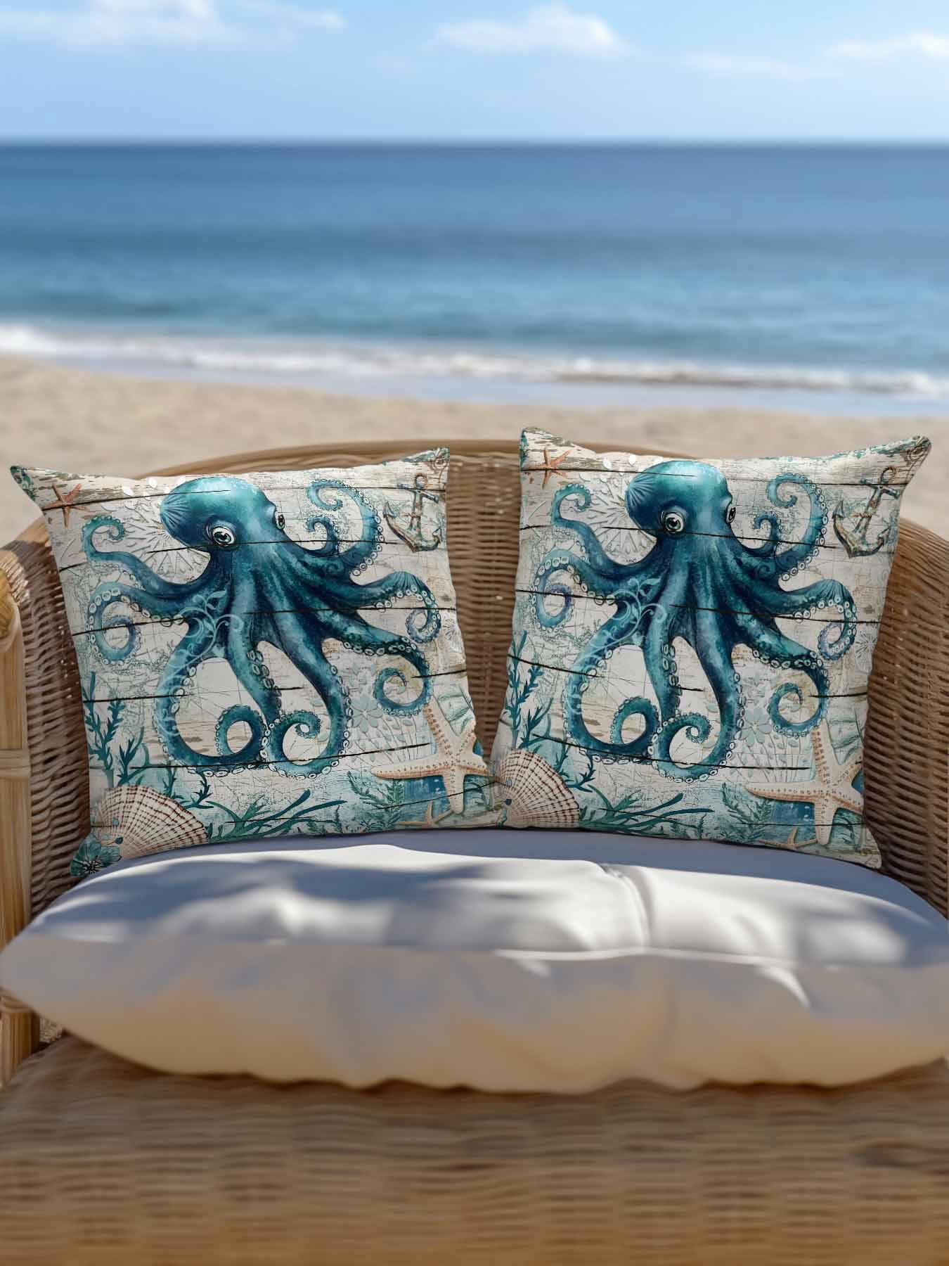 Outdoor Pillows Waterproof, Teal Octopus Coastal Bedding Throw Pillows with Insert for Couch Sofa Bed, Summer Beach Nautical Starfish Retro 18x18 Inch Pillowcases Decorative Patio Pillow Set of 1