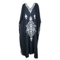 Mogul Women Jet Black Embellished Maxi Dress Caftan White Floral Embroidered Kimono Sleeves Resort Wear House Dress 3XL
