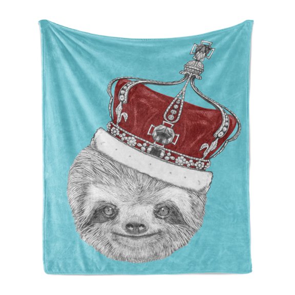 Sloth Soft Flannel Fleece Throw Blanket, Hand Drawn Animal with Imperial Crown King of Laziness Theme, Cozy Plush for Indoor and Outdoor Use, 70" x 90", Aqua Burgundy Grey, by Ambesonne
