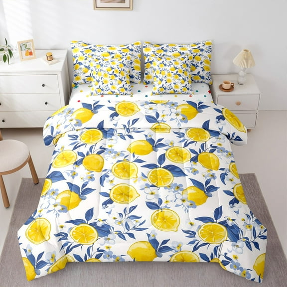 Manfei Lemon Print 7-Piece Twin Bedding Sets,Lemon Botanical Bedding Comforter Set,Yellow Blue White Sheet Sets For Girls,Super Cozy Room Decor Reversible