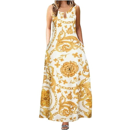 

Women s Sling Maxi Dress Fashion Summer Comfortable Sleeveless Round Neck Retro Swing Dress Yellow M