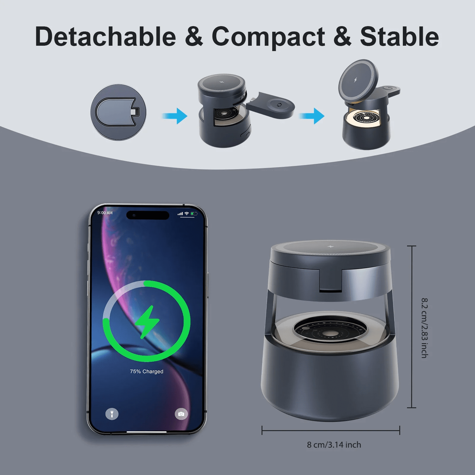 Magnetic Wireless Charger,4 in 1 Fast Charging Station Compatible for iPhone 17 16 15 14 13 12 11 8 X XR SE,3 Adjustable Light Desk Charging Station for Watch, AirPod(Black)