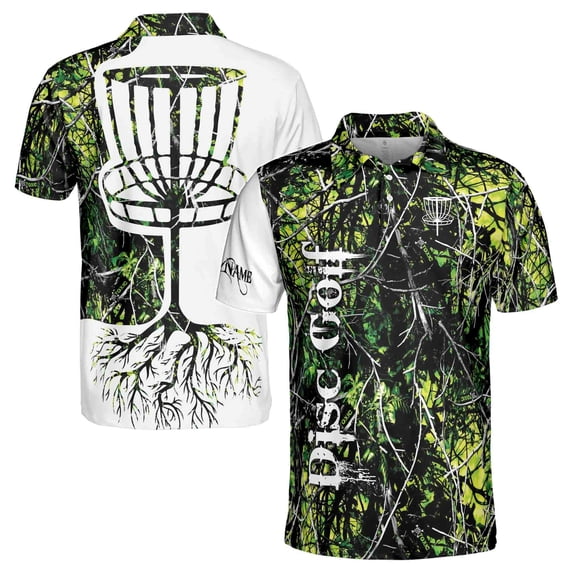 Custom Name Dark Green Jungle Deep Heart Disc Golf Men's Polo Shirt S-5XL