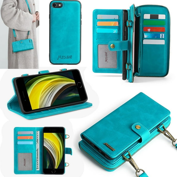 iPhone SE 2nd Gen Case, iPhone 8 Case, iPhone 7 Case, Allytech PU Leather Stand Detachable Adjustable Shoulder Strap TPU Back Cover Cards Slots Wallet Pocket Case for Apple iPhone SE2/8/7,Blue