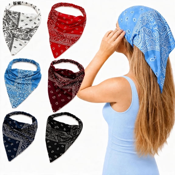 6 Pack Retro Paisley Triangle Head Scarves, Elastic Bandana Headbands for Women, Boho Lightweight Hair Wraps, Versatile Head Cover Accessories for Daily Outfits