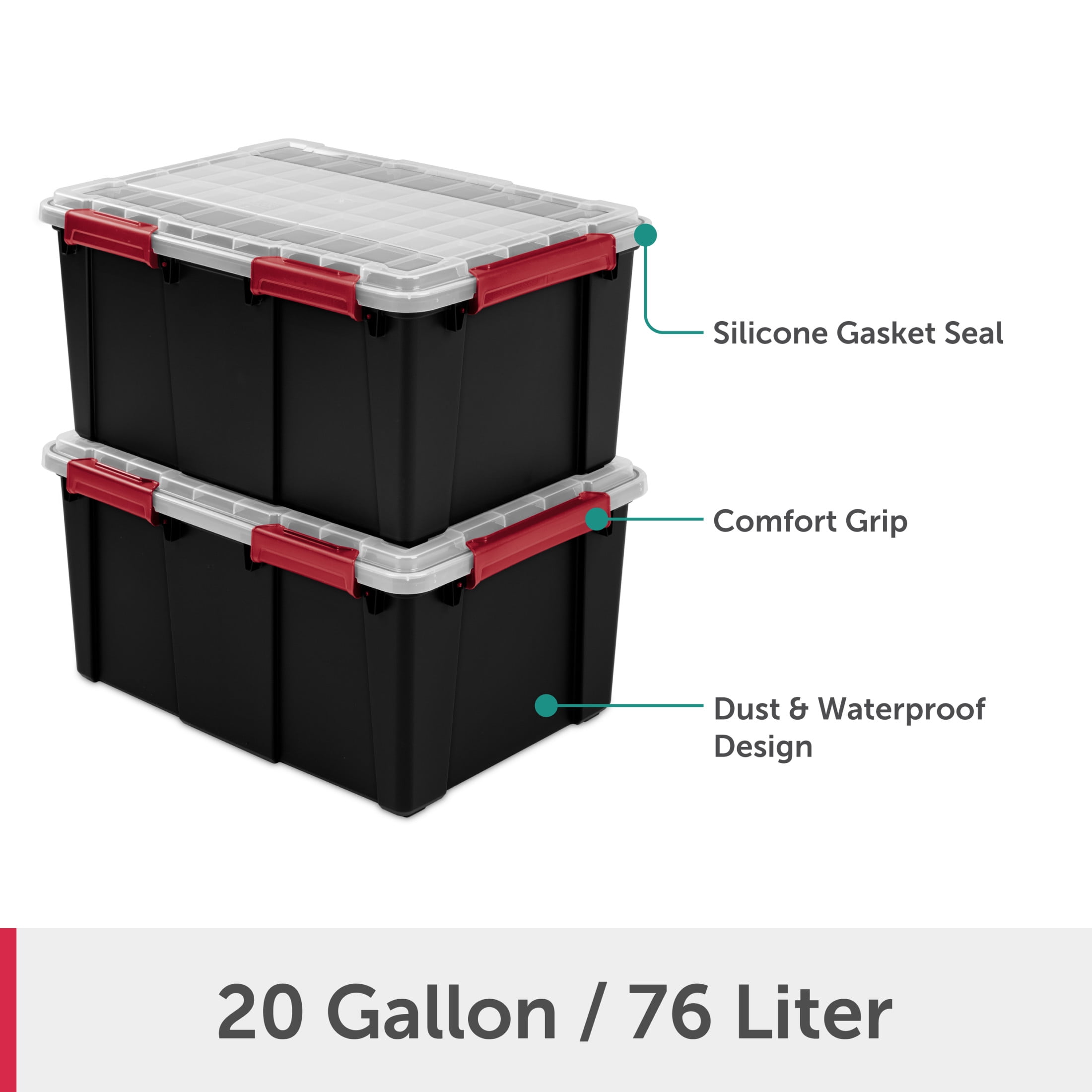 Sterilite Large Gasket Tote, 20 Gallon IP68 WaterProof Plastic Storage Bin with Lid, Gasket Seal and Durable Latches, Black