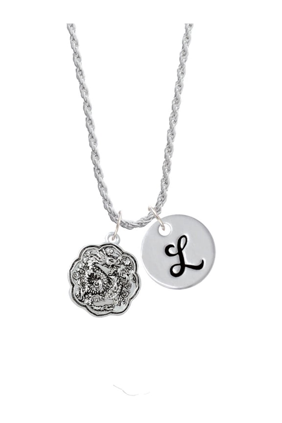 Silvertone Dragon and Phoenix Medallion Silvertone Script Initial Disc - L - Charm Necklace, 20"+3"