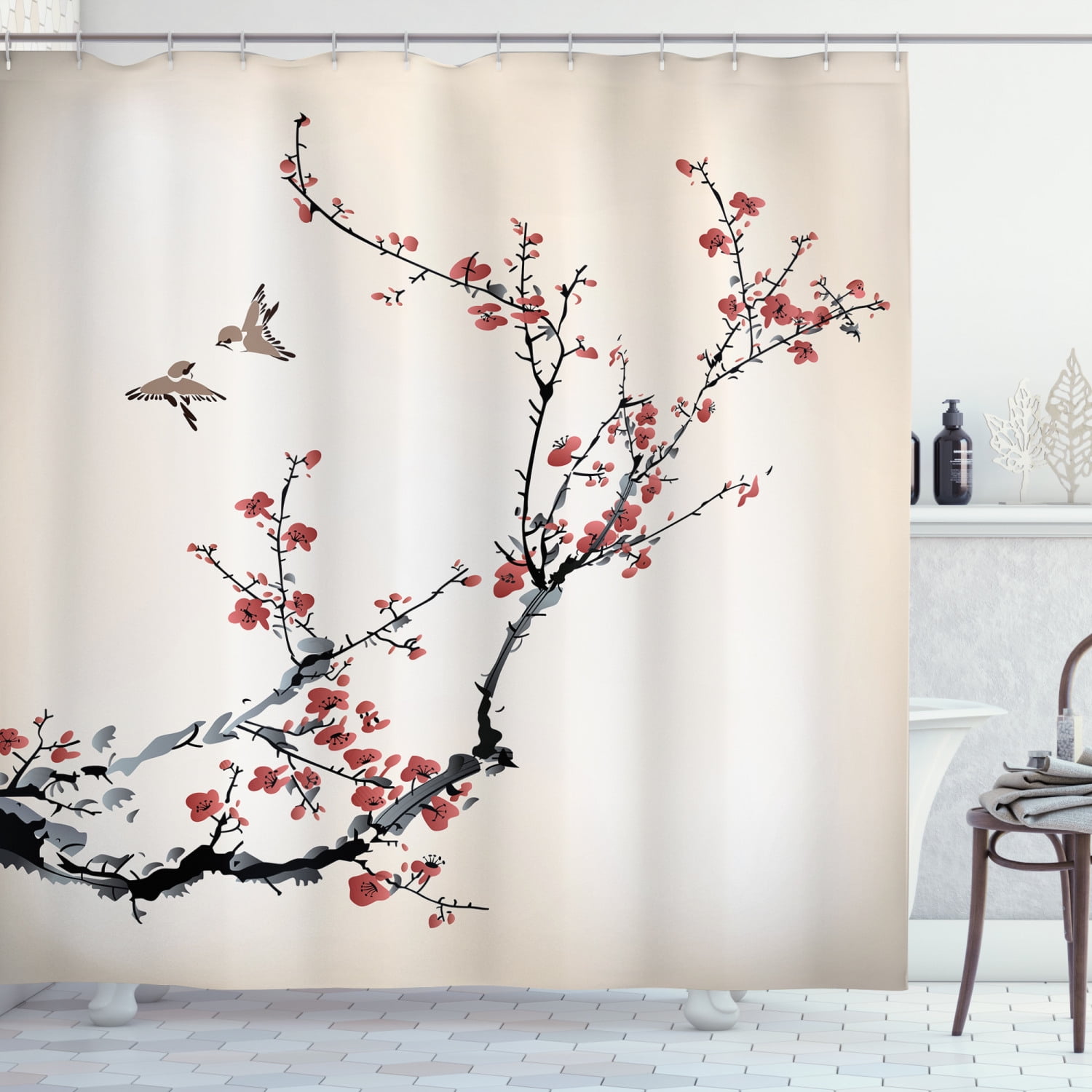 Floral Shower Curtain Asian Style Art Birds Decor for Bathroom 70 Inches Long 