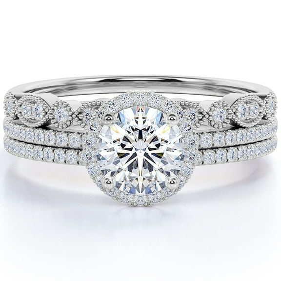 JeenMata Flawless 1.5 carat Round Cut Moissanite Trio Wedding Ring Set in 18k White Gold Over Silver Celebrity Ring
