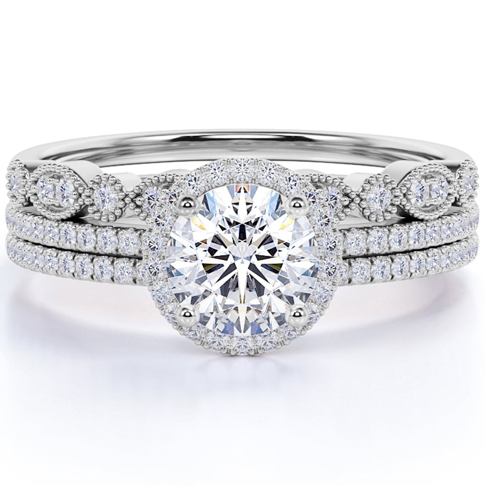 JeenMata Flawless 1.5 carat Round Cut Moissanite Trio Wedding Ring Set in 18k White Gold Over Silver Celebrity Ring