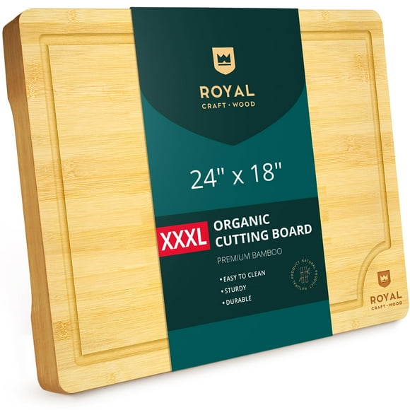 ROYAL CRAFT WOOD Planches à Découper en Bambou pour Cuisine - Planche à Hacher de Cuisine pour Viande (Bloc de Boucher) Fromage et Légumes / Planche à Découper en Bois Plateau de Service Robuste avec Poignées (TTTG 24 Pouces" x 18 Pouces"