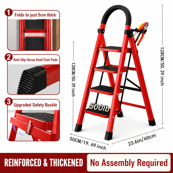 Upgraded Folding Steel Ladder, 2/3/4/5 Steps Optional, 4-Step Red & Black, 330 LBS Heavy-Duty Portable Household Ladder with Wide Anti-Slip Pedals and Built-In Tool Tray