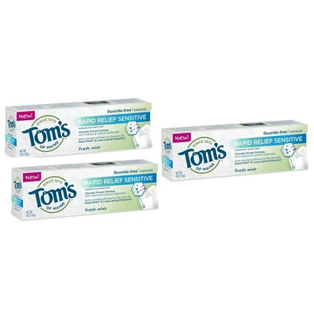 (3 Pack) Tom's of Maine Rapid Relief Fluoride Free Sensitive Toothpaste, Fresh Mint, 4.0