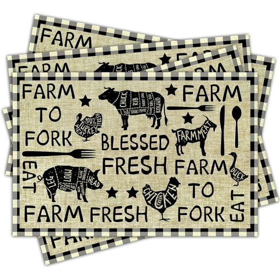 Farmhouse Placemats Set of 4, 12x18 Inch Farm Animal Table Mat, Kitchen Farm Fresh Place Mat, Buffalo Plaid Linen Table Placemats Decor for Kitchen Dining Farmhouse