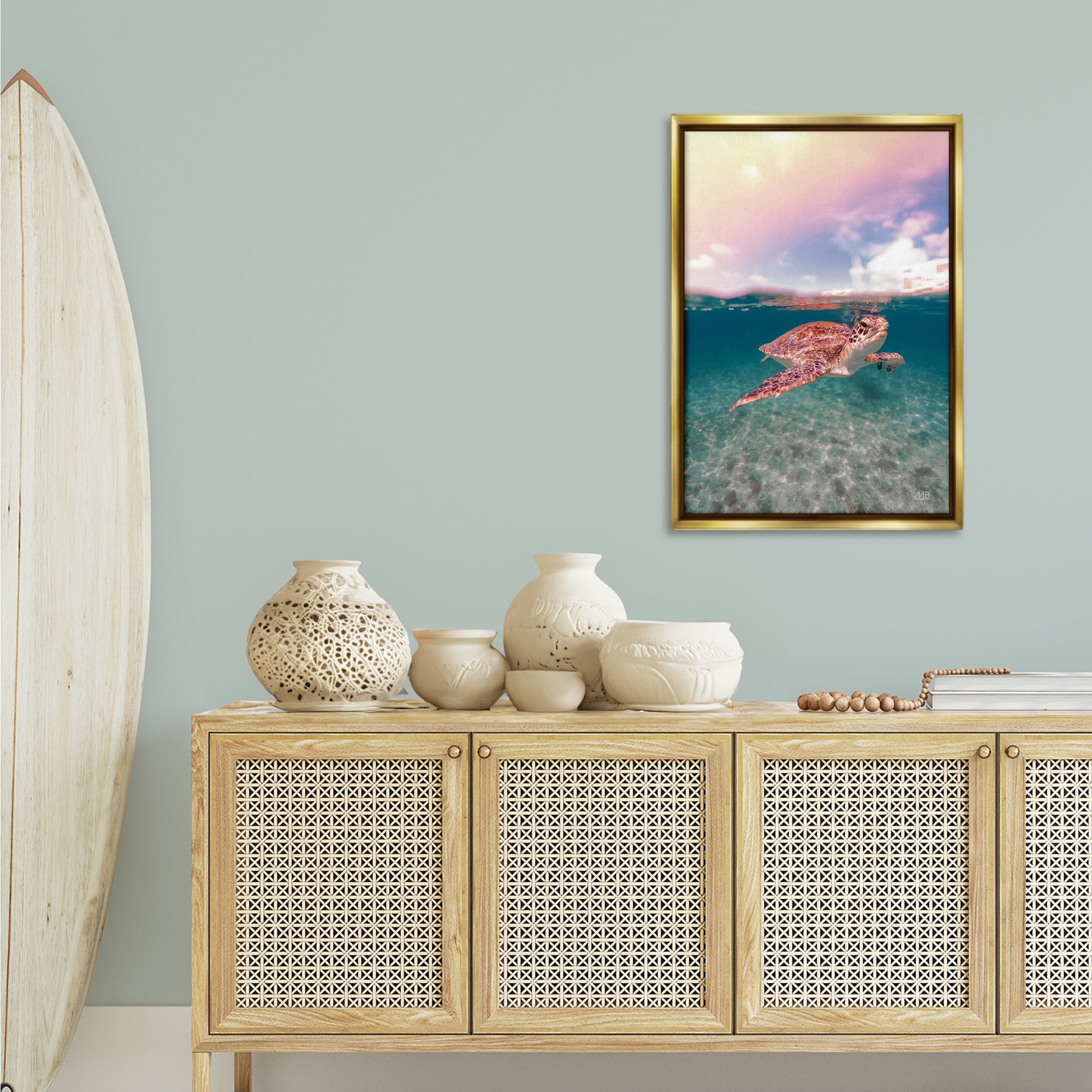 Stupell Industries Above & Below Sea Turtle Animals Photography Gold Floater Framed Canvas Art Print Wall Art, 21 x 31
