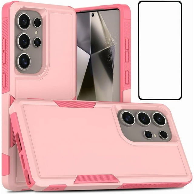 kmemek7-Case for Samsung Galaxy S25 Ultra, Cute Heavy Duty Shockproof Drop Proof Anti-Slip Military Grade Dual Layer Full Body 360 Protection Rugged Grip Case Back Cover with Screen Protector-Pink