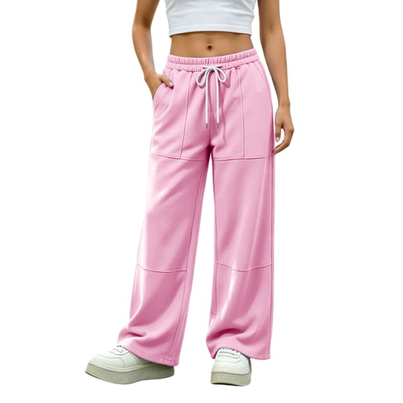 Qingpeng Womens Solid Color Wide Leg Pants Baggy Casual Drawstring Elastic Waist Sweatpants Trousers with Pockets
