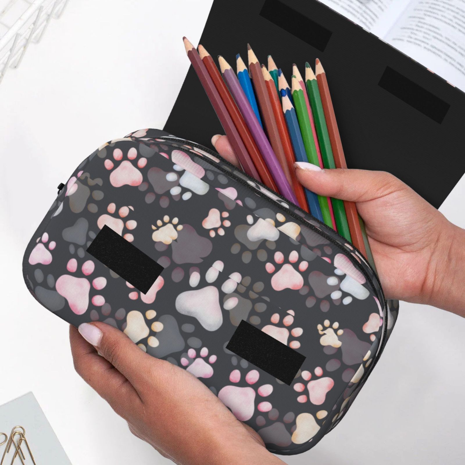 Rateoe Colorful Paws Of Dog Pattern Double Clamshell Pen Case, Storage Organizer with Two Zipper Compartments– Holds Up to 50 Pencils & Pens